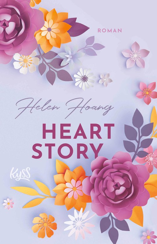 Boekcover met papieren bloemen in roze, oranje en paars. Titel: Heart Story door Helen Hoang.