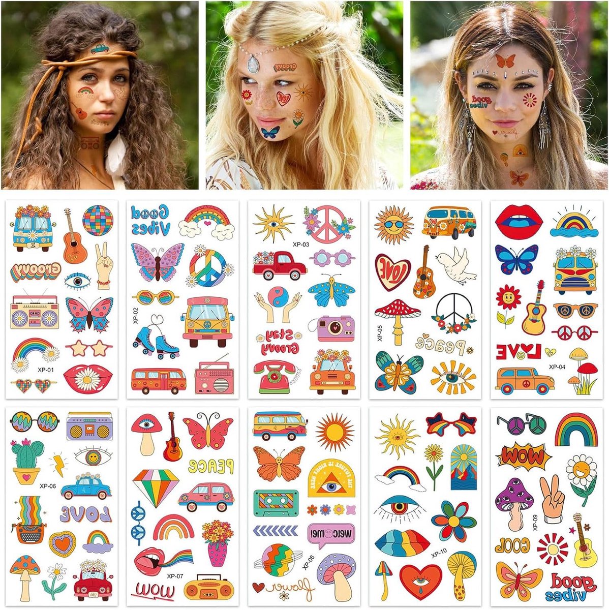 Ronte - Retro hippie-boho tatoeages, 10 vellen, jaren 60 en 70 feestartikelen