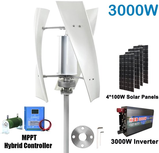 3000W Verticale Windmolen Turbine – Verticale As Generator – Windkrachtinstallatie – Windgenerator – Zonne-energie Hybride Systeem – 24V – MPPT Controller – 3 x 100W Zonnepanelen