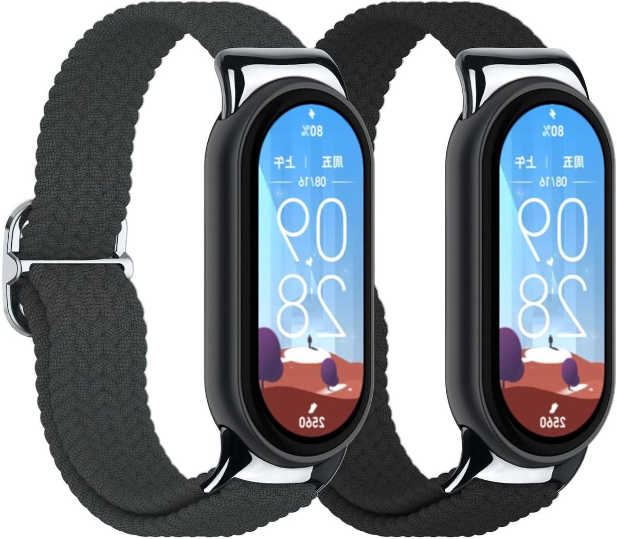 Ronte - Nylon lusbandjes voor Xiaomi Smart Band 9-8 - Set van 2 - Elastisch en verstelbaar - Zwart - Sportieve horlogeband met metalen sluiting - Dames en heren.