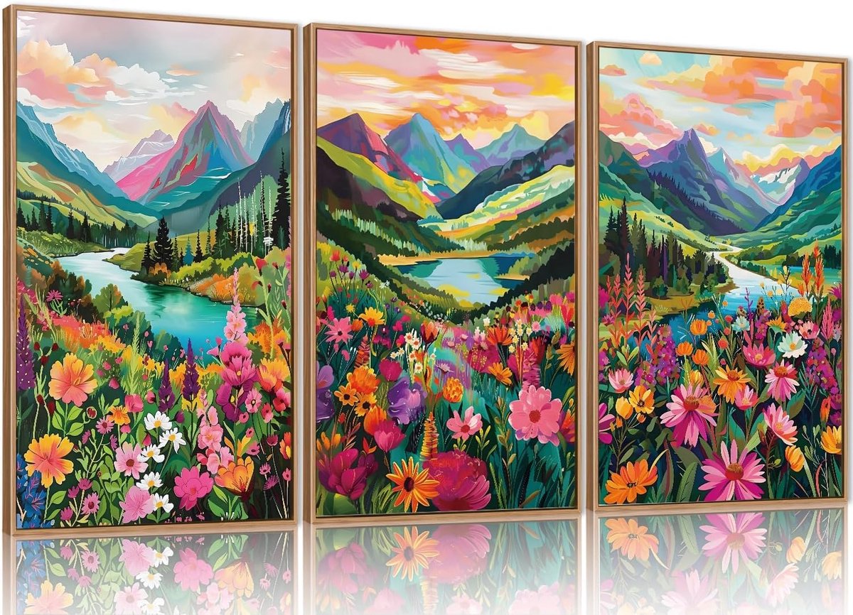 Unyqoos 3-delige set ingelijste aquarel bloemkunst voor kleurrijke wanddecoratie