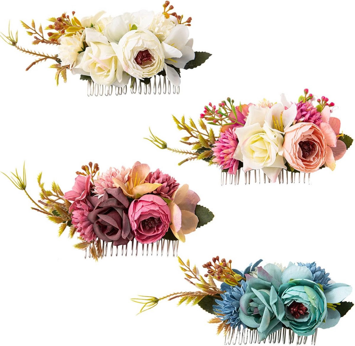 Set van 4 Zilveren Metalen Haarkammen met Kunstbloemen - Bruid & Feest Haaraccessoires