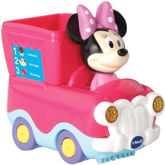 Roze VTech ijswagen met Minnie Mouse, met ijs afbeeldingen op de zijkant.