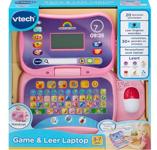 Doos van de VTech Game & Leer Laptop in het roze, met afbeeldingen van activiteiten en tekst.