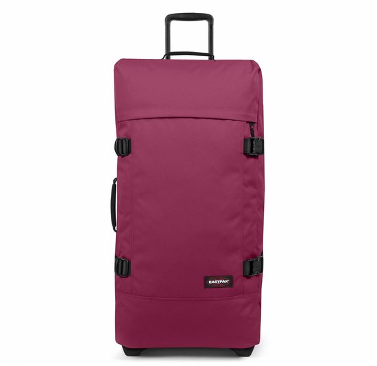 Bordeauxrode Eastpak koffer met zwarte riemen en een TSA-slot