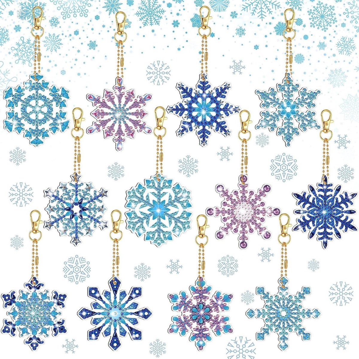 Ronte - Diamond Painting Kerstmis hangende set - Kinder sleutelhanger - 5D diamantschilderij - Winterhanger - Sneeuwvlokken - Diamantaccessoires - Blauw