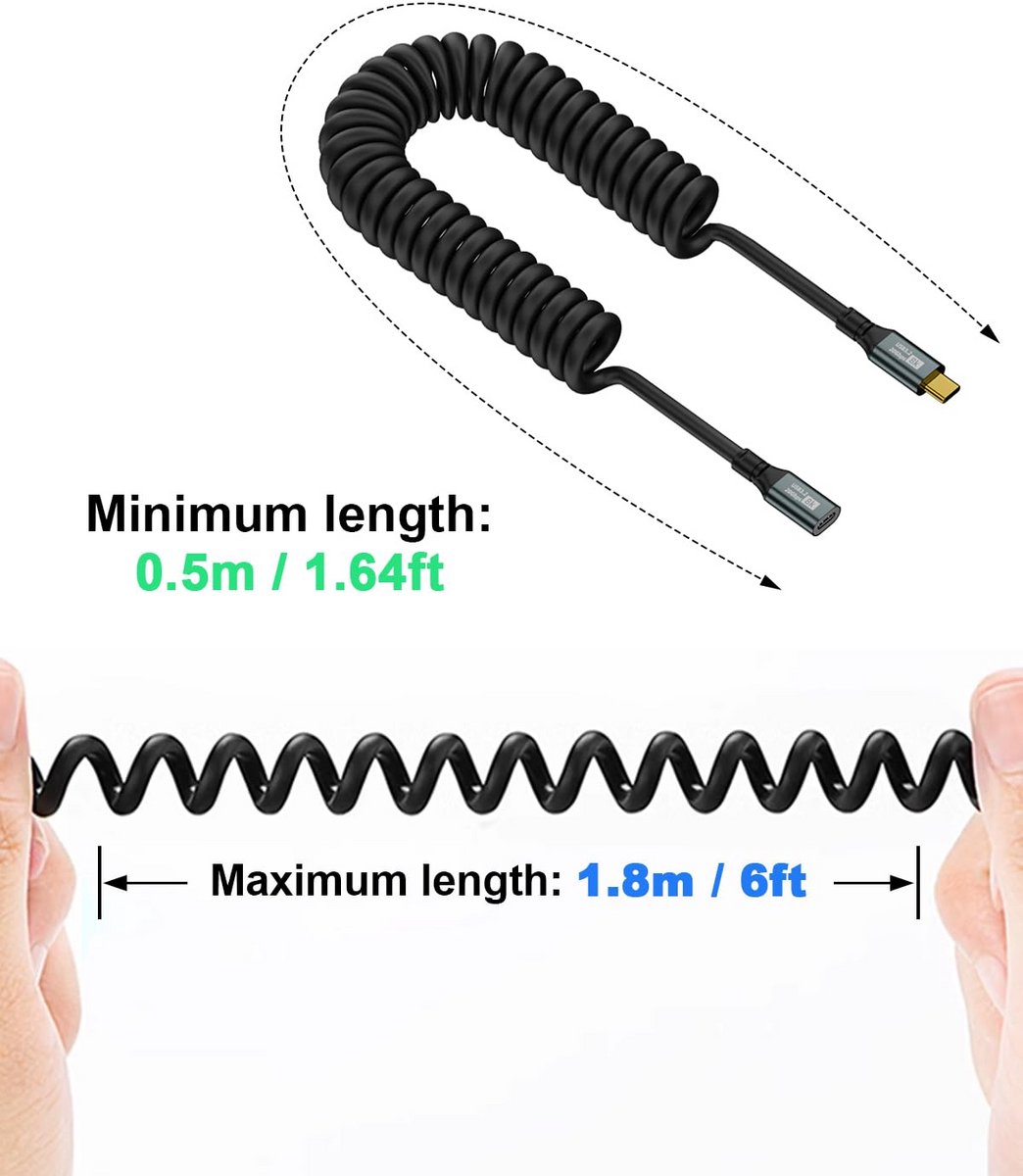 USB-C verlengkabel 1,8 meter 20 Gbps 100 Watt 4K 8K USB C naar USB C verlengsnoer geschikt voor snelladen en opladen van laptop tablet mobiele telefoon hardeschijf dockingstation harde schijf behuizing oordopjes VR headset auto lader en meer – foto 3