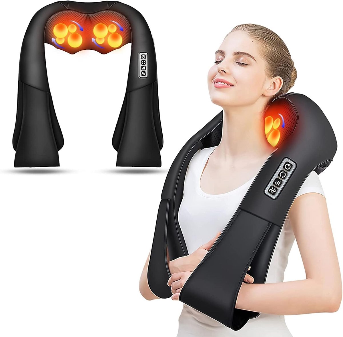 Diep knedend acupressuurmassagekussen, verwarmde massager voor schouders, nek en taille, knedende massagesjaal geschikt voor zowel auto- als thuisgebruik.
