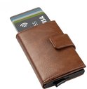 Bruine kaarthouder met meerdere creditcards die eruit schuiven.