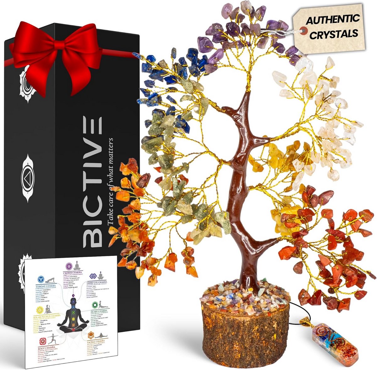 7-Chakra Boom van Leven met Edelstenen - 25 cm - 300 Edelstenen - Handgemaakte Halfedelstenen Decoratie voor Meditatie en Energie - Houten Basis - Vormbare Takken - Inclusief Chakra Hanger