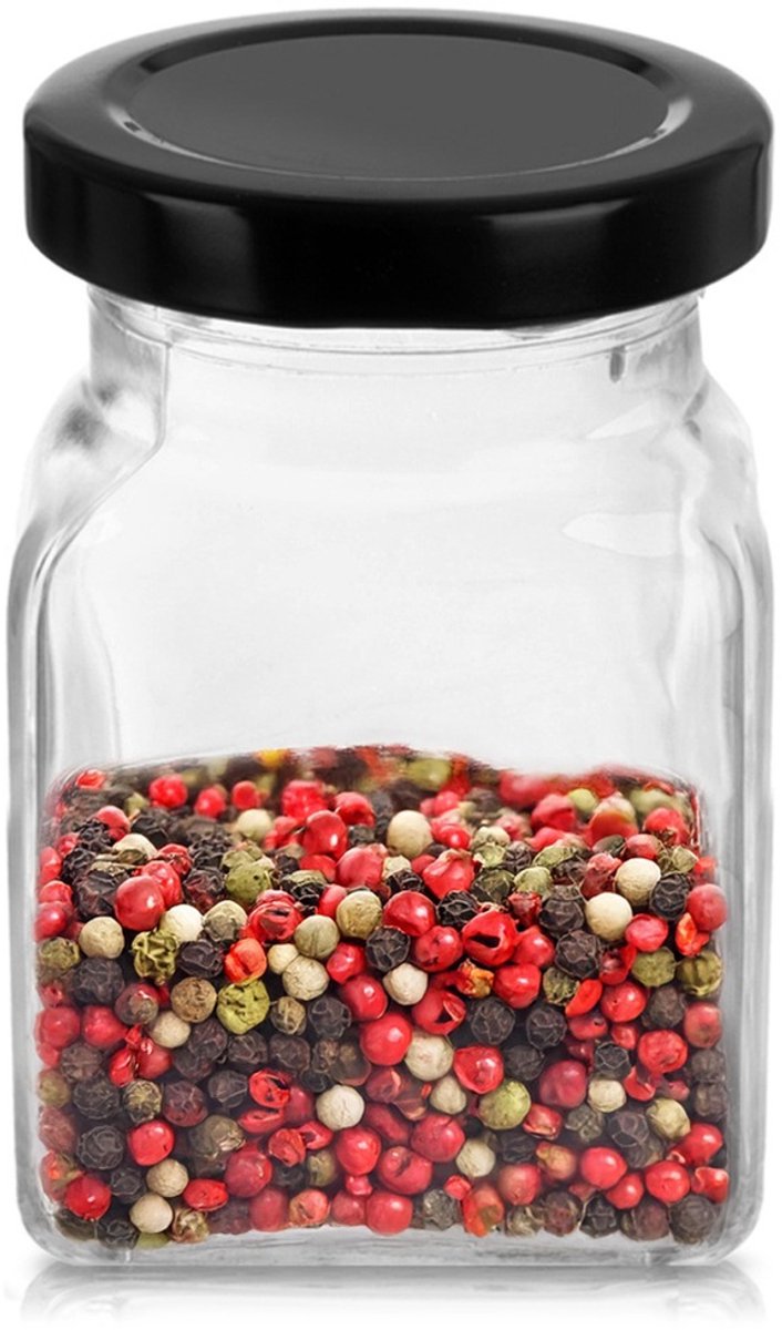 Orion - Glazen Kruidenpot - 170 ml - Vierkant - Zwarte Deksel