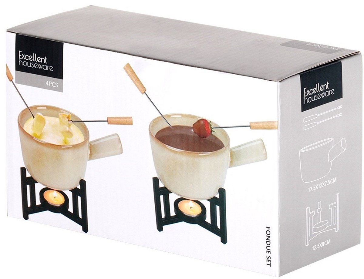 Excellent Houseware Kaasfondue setje met houder - porselein - beige/zwart - incl. 2 vorken – foto 6