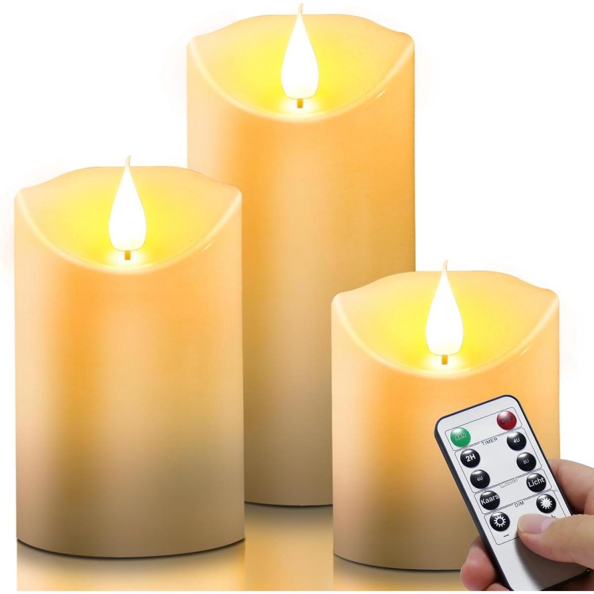GELLDG 3 stuks vlamloze kaarsen - LED-kaarsen - met afstandsbediening en timerfunctie - Batterijkaarsen voor buiten - LED-kegelkaarsen - Voor verjaardagen, feestdagen, woonaccessoires, bars