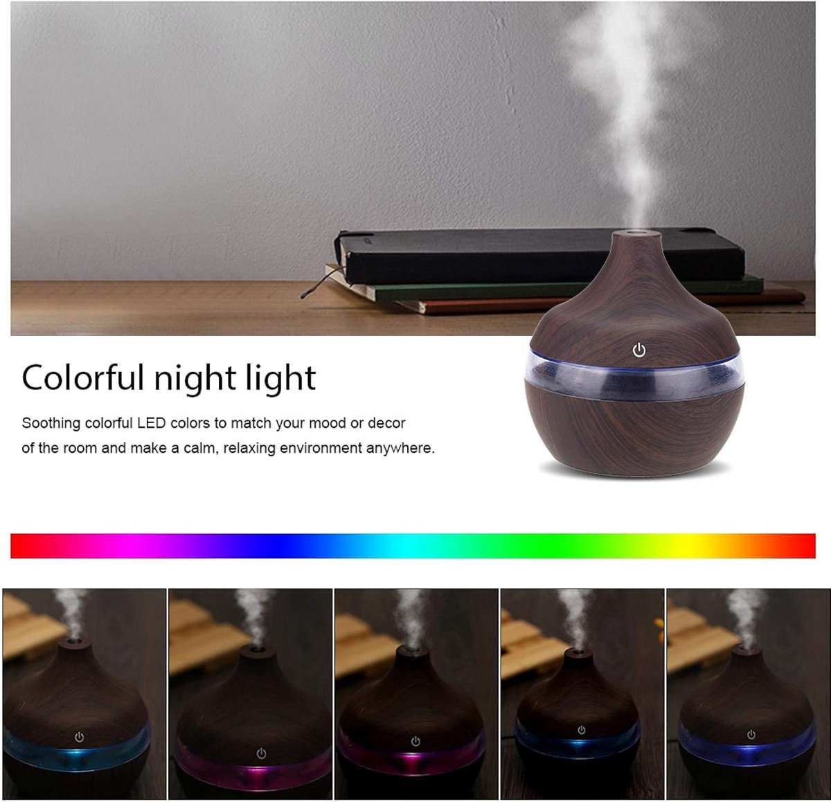 Aroma Cool Mist Diffuser 300ml - Ultrasone Vernevelaar - Etherische Olie Verstuiver - Aromadiffuser - Bevochtiger - Air/Lucht - Aroma Therapie - Verdamper - Geur Verspreider - Luchtbevochtiger - Sfeervolle LED Verlichting - Hout Look — cadeau in Wonen & Interieur - foto 2