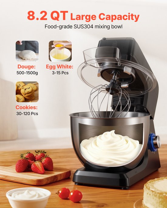 Elektrische Keukenmixer, 7,8 L Keukenmixer met 1500 W Motor, 6+P Snelheden, Kantelbaar Kopontwerp, Inclusief 1,5 L Blenderbeker, Roestvrijstalen Kom, Deeghaak, Garde en Klopper voor Bakken en Mixen, Zwart van Merkloos — afbeelding 3
