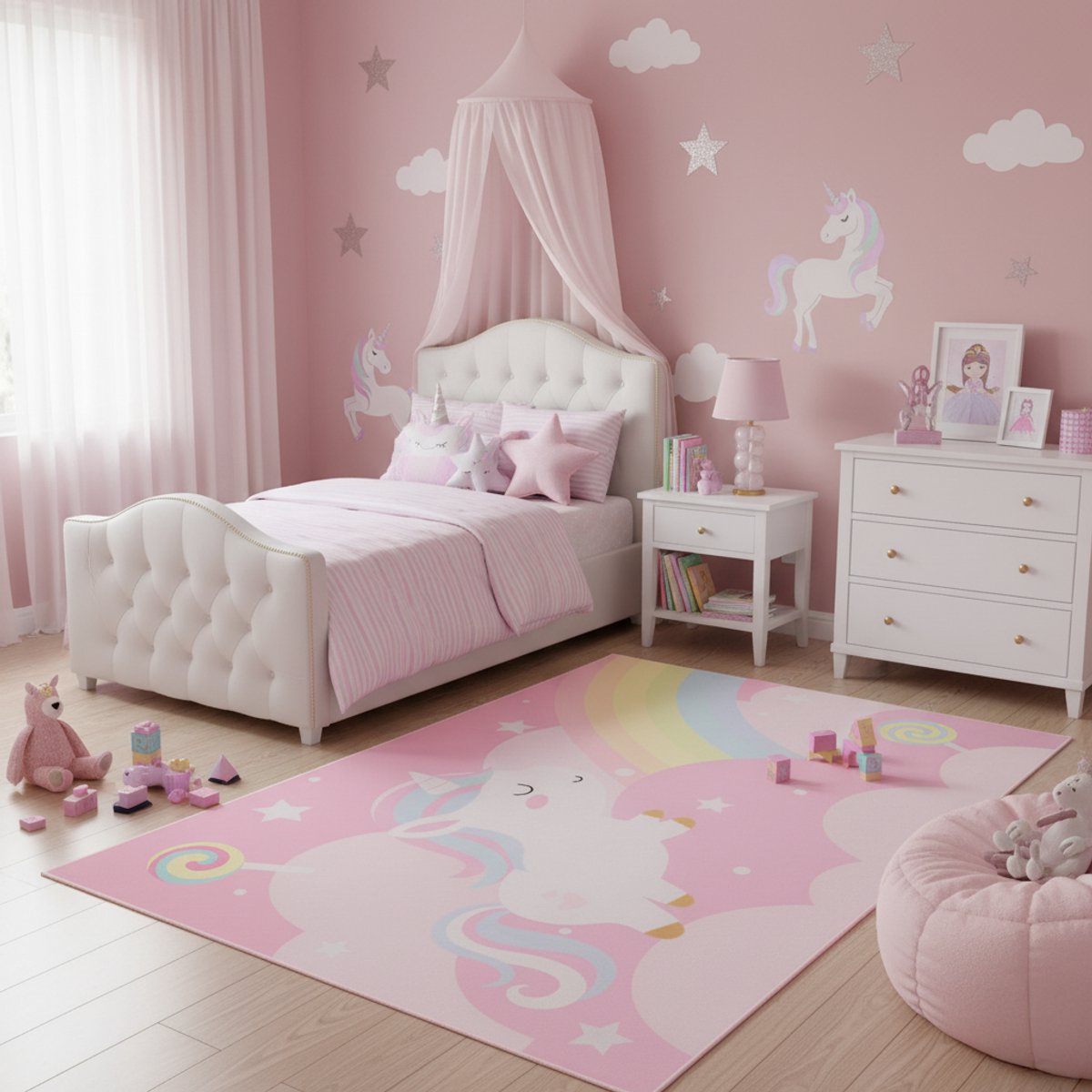 Tapiso Joy Eenhoorn Vloerkleed voor Kinderkamer Roze Kleurrijk Regenboog Speelkleed voor Meisjes Laagpolig Kindertapijt - 140x200
