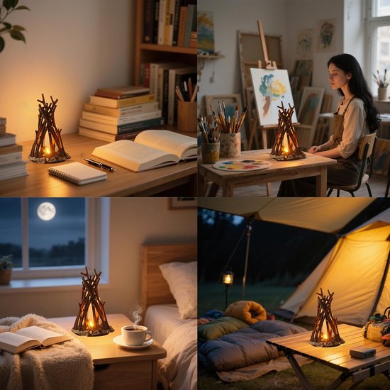 LED-nachtlampje, houten kampvuur-LED-dimlamp met 3 verlichtingsstanden en vlamgeluid, USB-aangedreven kindernachtlampje en bureaulamp voor slaapkamer, kantoor en ontspanning, M van ZEEFO — afbeelding 4