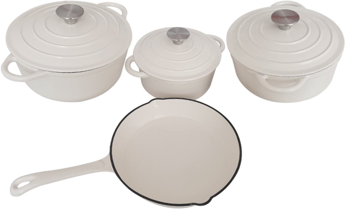 4-delige Gietijzeren Pannenset – Creamy - Noorafshan (NA) – Emaille Non-Stick Kookset – Geschikt voor Gas, Inductie & Oven – 20cm, 22cm, 24cm, 26cm