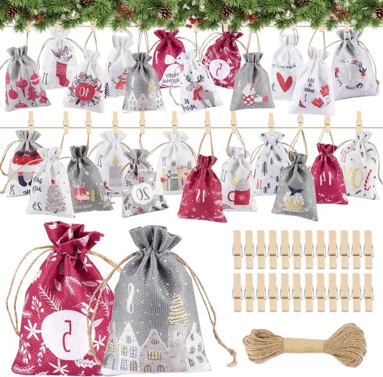 Calendrier De L'Avent à Remplir Soi-Même - 24 Sacs Tissu Colorés Avec Pinces Et Fil Pour Enfants