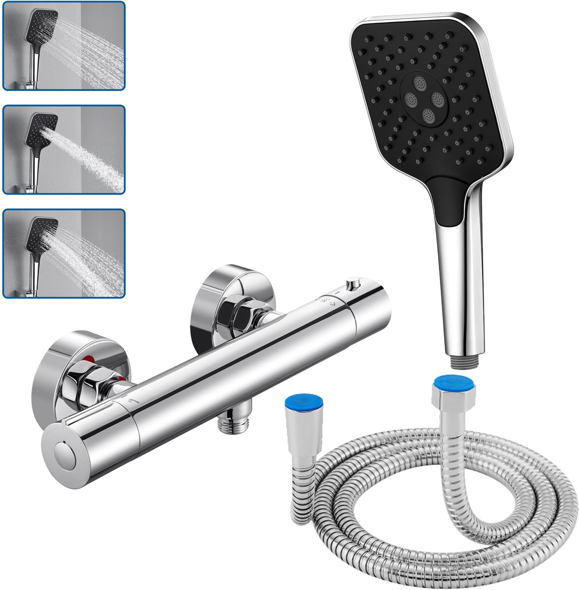 Auralum max Doucheset met Handdouche - Thermostatische Douchekraan - 15 cm Hartafstand - 3 Standen Handdouche - 150 cm Doucheslang - Waterbesparend - Chroom