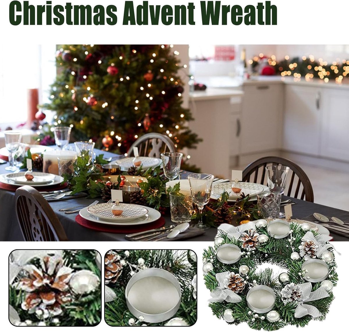Kerstkrans - 30*30 cm - Adventkrans - Kerstlintkandelaar - Tafeldecoratie - Wordt geleverd met 4 metalen ringbekers - Versierd met dennenappels - Kerstdecoratie - Feestdecoratie - Geschikt voor tafels, feesten, kerken en Kerstmis - Zilver – foto 4