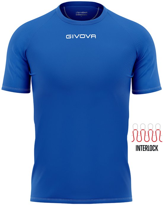 Koningsblauw GIVOVA sportshirt voor heren, met witte opdruk en "INTERLOCK" symbool.