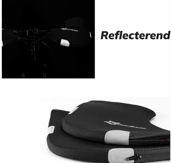 Zwarte stuurhandschoenen met reflecterende elementen, op een fietsstuur.