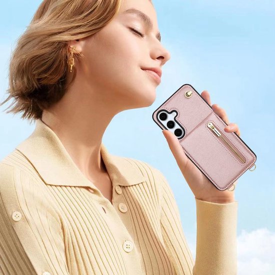 Geschikt voor Samsung Galaxy S25 FE Hoesje Met Koord - Solidenz S25 FE Wallet Case Cover - Telefoonhoes - Backcover Met Koordje - Cord Case - Lanyard - Hoesje S25 FE - Roségoud