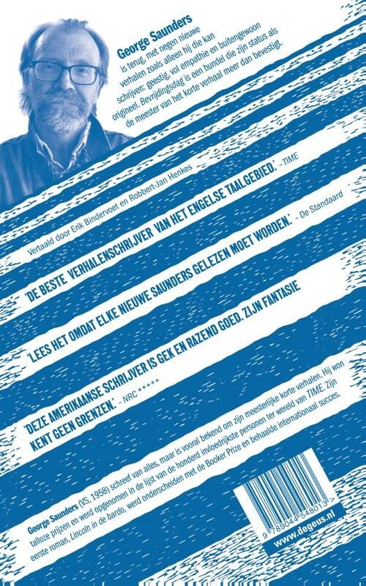 Achterkant van een boek met een portretfoto van George Saunders. Blauw-wit gestreept patroon met tekst en een barcode. Titel: George Saunders.