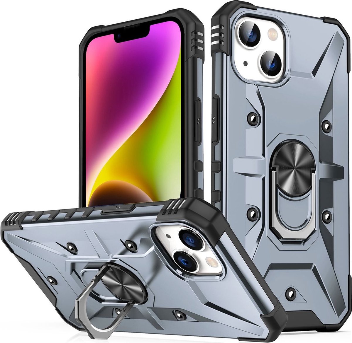 Mobigear Hoesje geschikt voor Apple iPhone 14 Plus Telefoonhoesje Hardcase | Mobigear Armor Ring Backcover Shockproof met Ringhouder | Schokbestendig iPhone 14 Plus Telefoonhoesje | Anti Shock Proof - Grijs