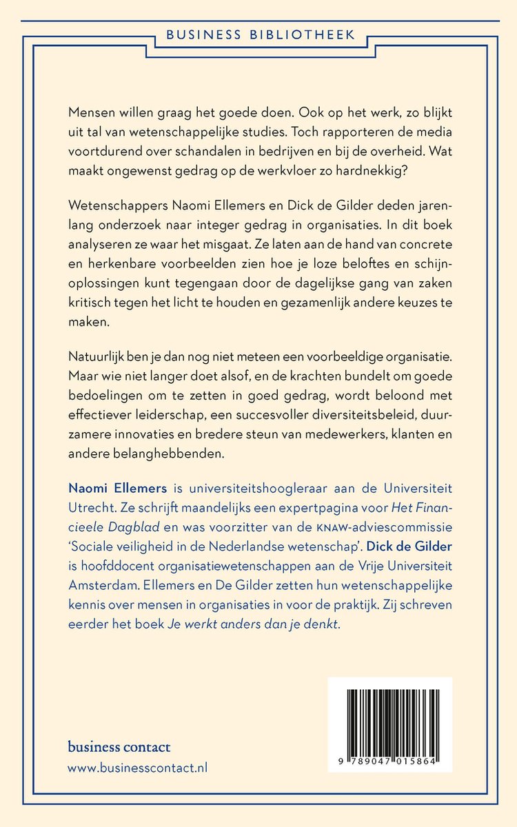 Achterflap van het boek 'De voorbeeldige organisatie' met tekst over de auteurs en de inhoud.