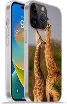Geschikt voorApple Iphone 14 Pro - Softcase hoesje - Giraf - Boom - Kalf - Portret - Siliconen Telefoonhoesje