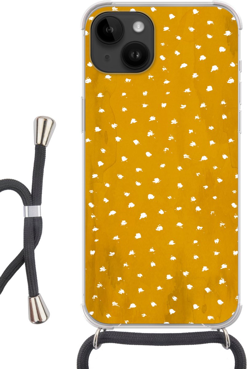 Telefoonkoord - Telefoonketting - Telefoonhoesje Geschikt voor Apple Iphone 14 - Stippen - Oranje - Wit - Siliconen - Crossbody - Telefoonhoesje met koord Telefoonhoesje