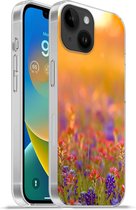 Geschikt voorApple Iphone 14 - Softcase hoesje - Bloemen - Goud - Zon - Siliconen Telefoonhoesje