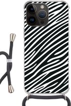 Geschikt voorApple Iphone 14 Pro - Crossbody Case - Dierenprint - Zebra - Zwart - Siliconen - Crossbody - Backcover met Koord - Telefoonhoesje met koord - Hoesje met touw