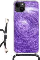 Geschikt voorApple Iphone 14 - Crossbody Case - Paars - Abstract - Design - Siliconen - Crossbody - Backcover met Koord - Telefoonhoesje met koord - Hoesje met touw