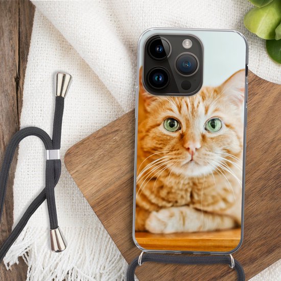 Étui de téléphone adapté à Apple Iphone 14 Pro - Chat - Bois - Étui - Siliconen - Bandoulière - Coque arrière avec cordon - Étui de téléphone avec cordon - Étui avec corde