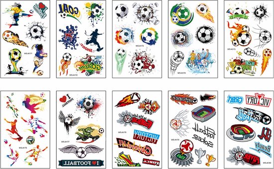 WK Voetbal Neptattoo - 10 Vellen 60 stuks- FIFA World Cup 2022- Football- Carnaval-Tijdelijke Tatoeages - Voetbal Plakplaatjes – Tattoo Stickers