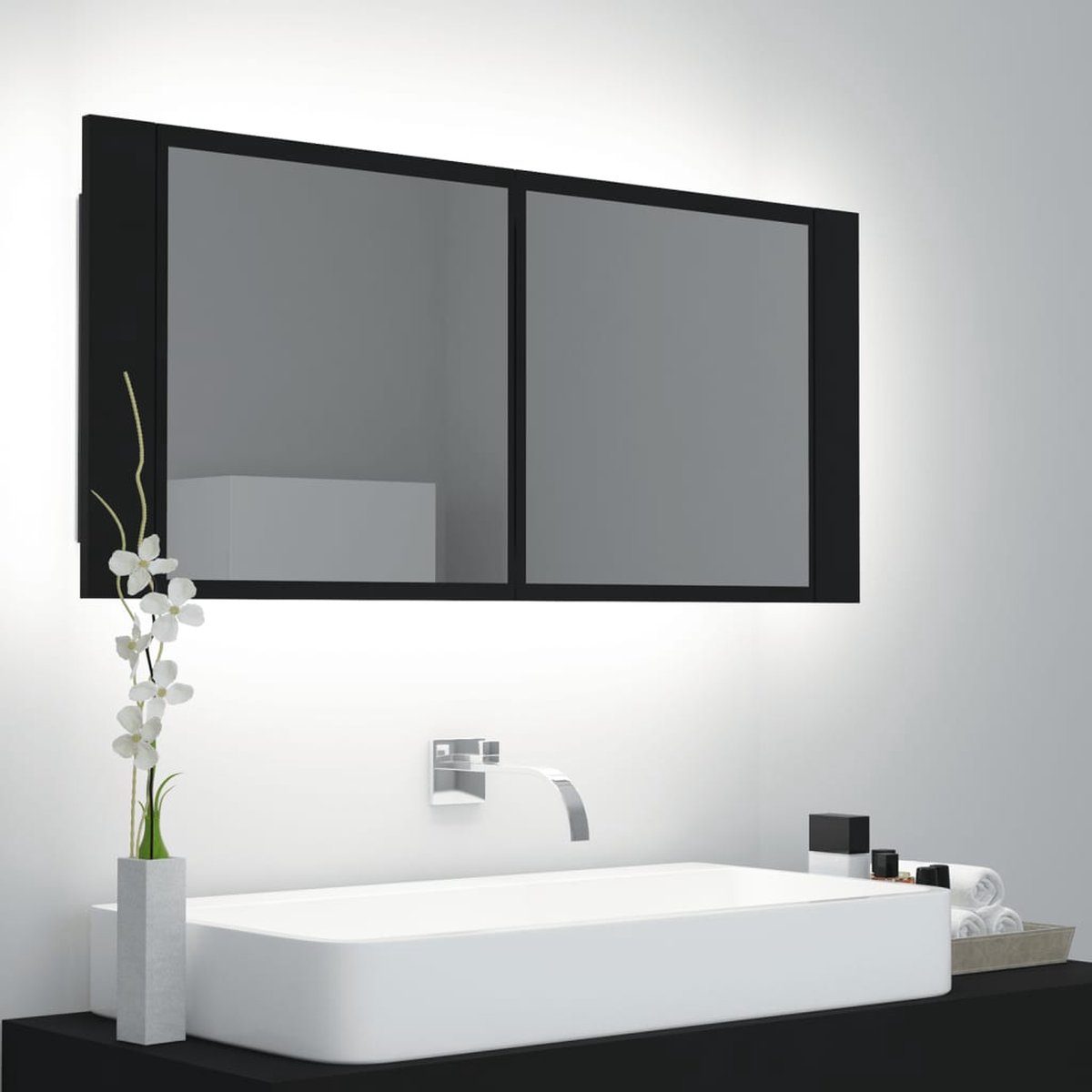 Prolenta Premium - Badkamerkast met spiegel en LED 100x12x45 cm zwart