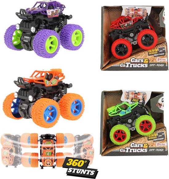 Collage van vier monstertrucks: paarse met limegroene banden, rode met rode banden, oranje met blauwe velgen, en lichtgroene met rode velgen.