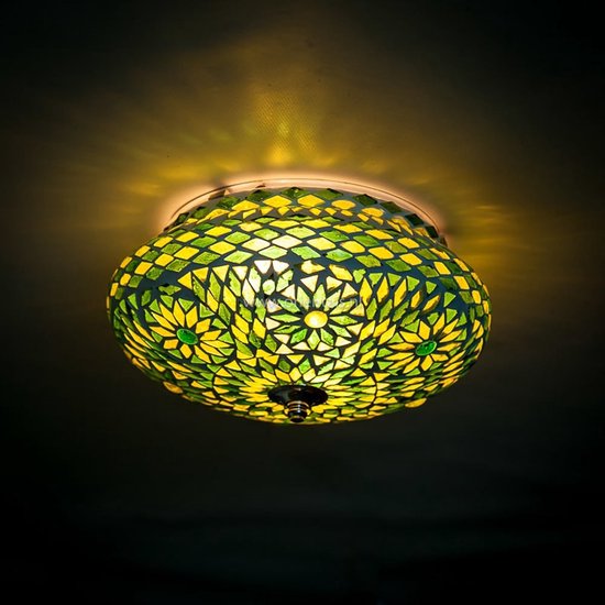Oosterse mozaïek plafondlamp Turkish Design | 2 lichts | groen | glas / metaal | Ø 38 cm | eetkamer / woonkamer / slaapkamer | sfeervol / traditioneel / modern design