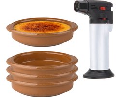 Creme Brulee Set 5-Delig - 4 Bruine Schaaltjes - Zilveren Brander - Vlamregelaar - Veiligheidsslot