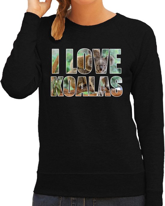 Tekst sweater I love koalas met dieren foto van een koala zwart voor dames - cadeau trui koalaberen liefhebber S