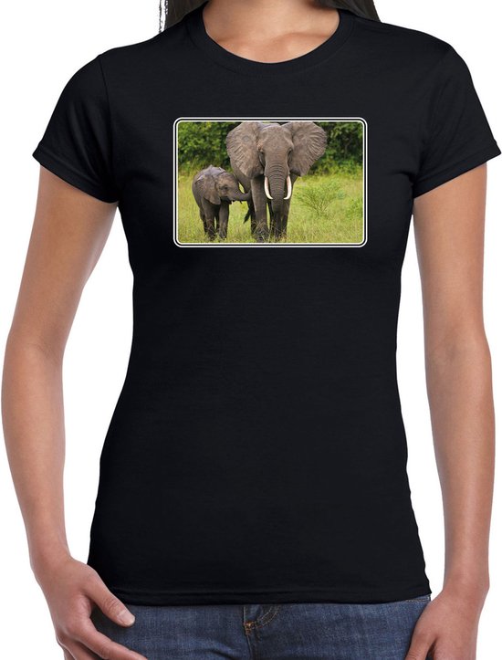 Dieren shirt met olifanten foto - zwart - voor dames - Afrikaanse dieren/ olifant cadeau t-shirt - kleding XL