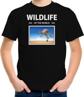 Dieren foto t-shirt Kangaroe - zwart - kinderen - wildlife of the world - cadeau shirt Kangaroes liefhebber - kinderkleding / kleding 158/164