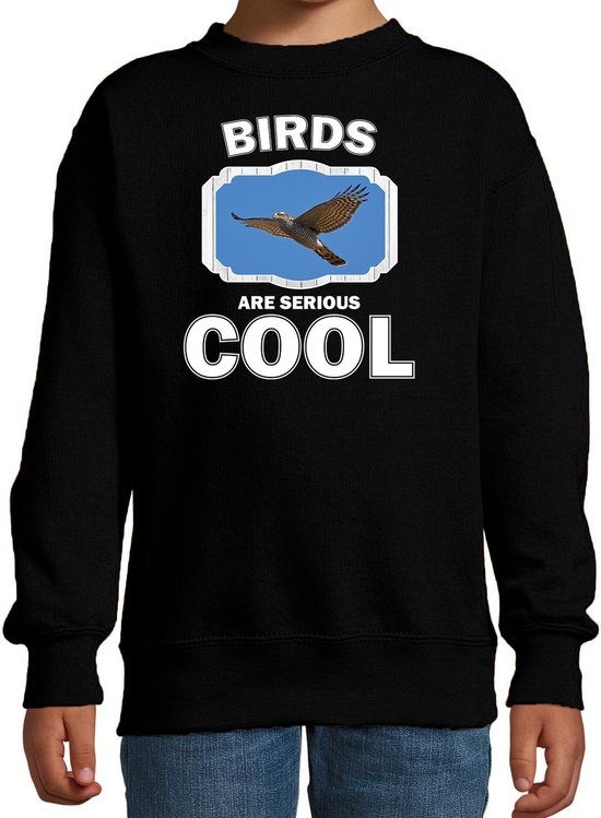 Dieren vogels sweater zwart kinderen - birds are serious cool trui jongens/ meisjes - cadeau vliegende havik roofvogel/ vogels liefhebber - kinderkleding / kleding 170/176