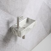 Fonteinset Mia 40.5x20x10.5cm marmerlook wit grijs links inclusief fontein kraan, sifon en afvoerplug RVS