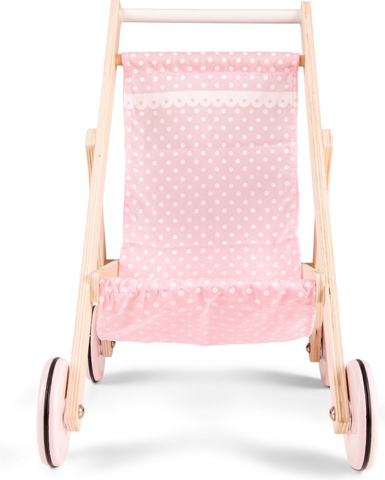 Vooraanzicht van een houten poppenwagen met roze stoffen zitting met witte stippen en kanten rand.
