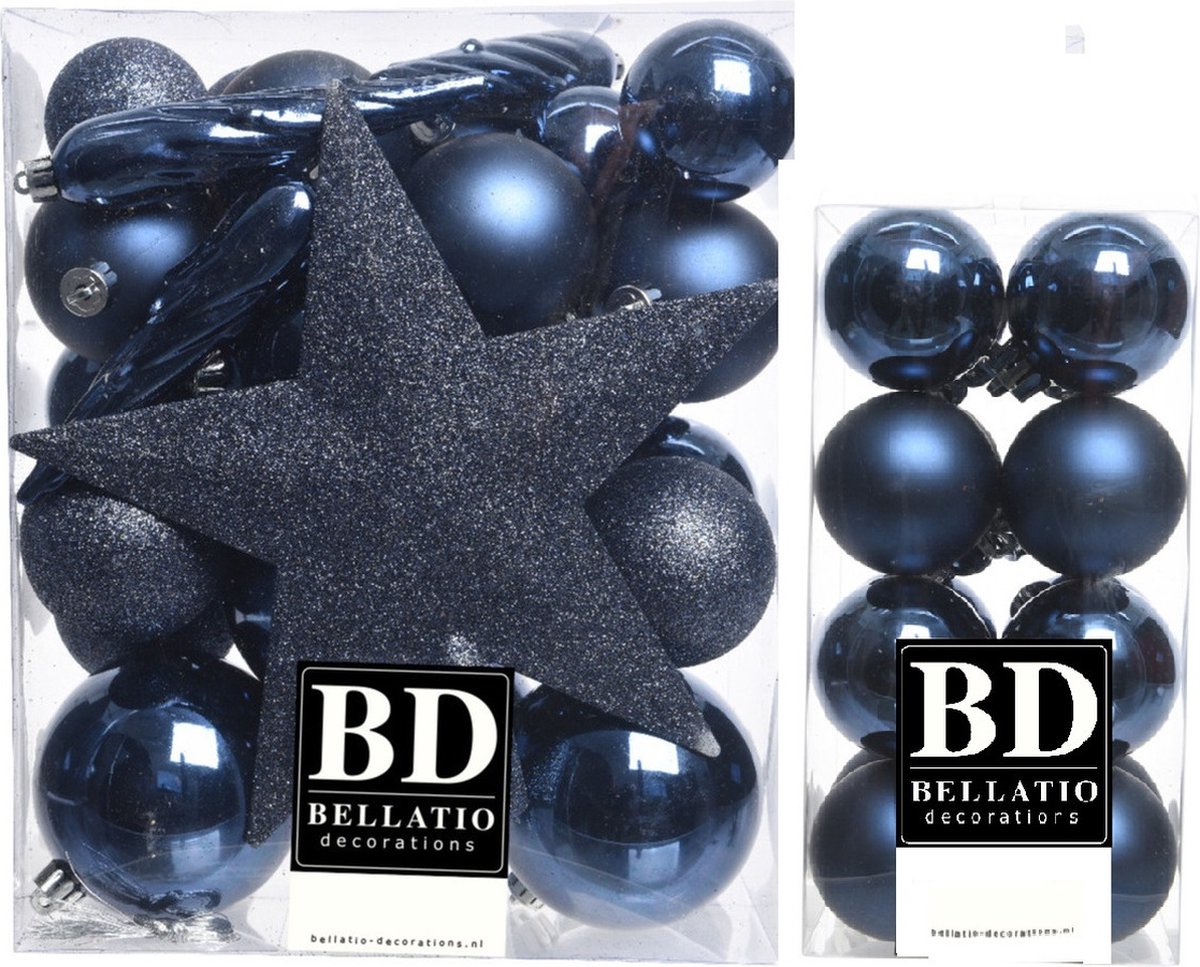 49x stuks kunststof kerstballen met ster piek donkerblauw mix - Kerstversiering/kerstboomversiering