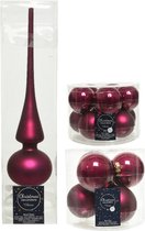 Compleet glazen kerstballen pakket framboos roze glans/mat 32x stuks met piek mat - 20x 6 cm - 12x 8 cm